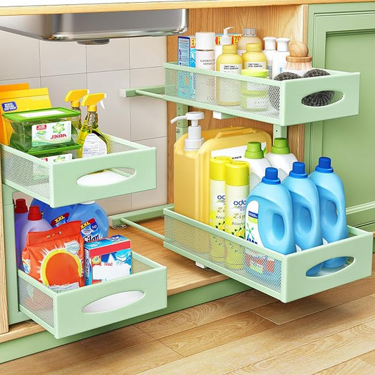 Under Sink Organizer, 2 Tier Pull out Cabinet Organizer Baskets with Mesh Sliding Drawers, Slide out Storage Shelf for Home, Kitchen, Bathroom, Pantry, Office Cabinet(1 Pack, Green)
