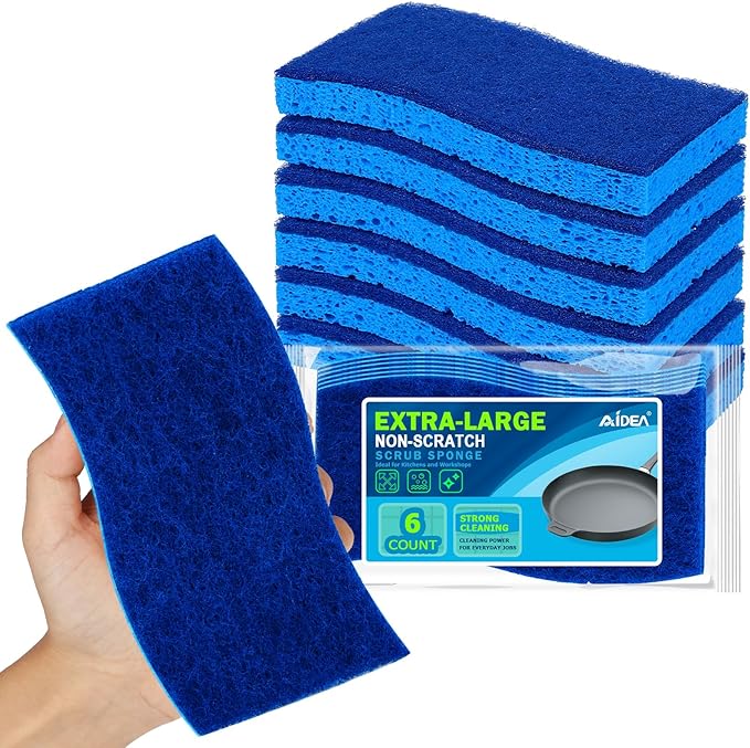 AIDEA XL Scrub Sponges Non-Scratch 6Count, Extra Large Sponges Kitchen, Sponge for Dishes, Cleans Fast Without Scratching Safe for Non-Stick Cookware, Cleaning Power for Kitchen, House by AIDEAHOME