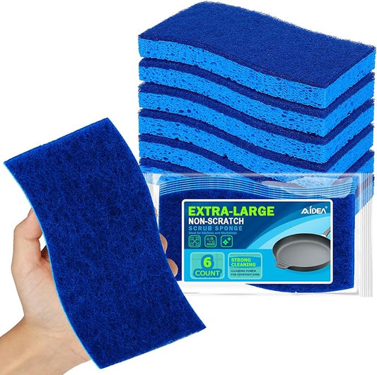 AIDEA XL Scrub Sponges Non-Scratch 6Count, Extra Large Sponges Kitchen, Sponge for Dishes, Cleans Fast Without Scratching Safe for Non-Stick Cookware, Cleaning Power for Kitchen, House by AIDEAHOME