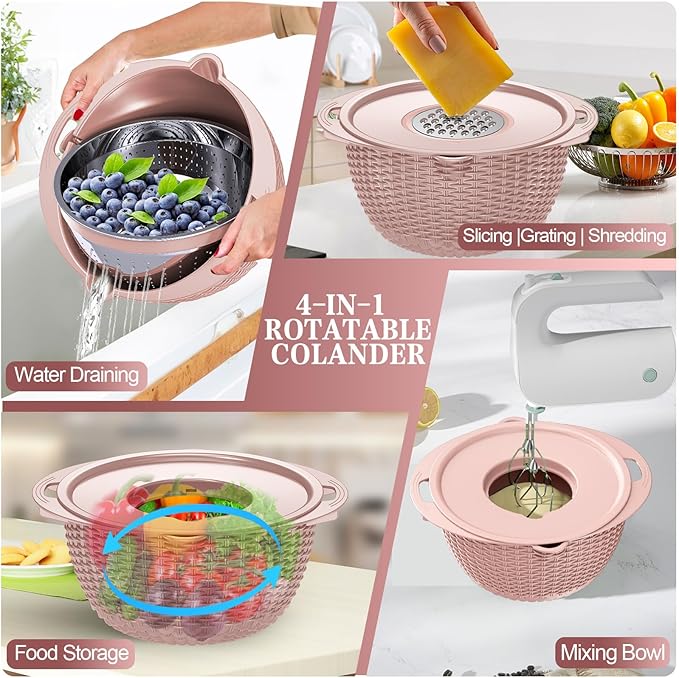 4-1 Strainer Bowl with Lid Set - Strainers and Colanders, Colander for Kitchen, Pasta Strainer, Fruit Cleaner, Veggie Wash, Funny Kitchen Present, Fruit Washing Bowl, Cooking Present for Women - Pink - Image 4