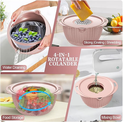 4-1 Strainer Bowl with Lid Set - Strainers and Colanders, Colander for Kitchen, Pasta Strainer, Fruit Cleaner, Veggie Wash, Funny Kitchen Present, Fruit Washing Bowl, Cooking Present for Women - Pink - Image 4