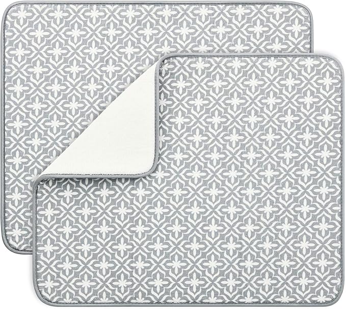 SUBEKYU Dish Drying Mats for Kitchen Counter, Microfiber Absorbent Dish Drainer/Rack Pads for Sink, 19.5*15.8 inch, Set of 2, Grey, leaf by SUBEKYU