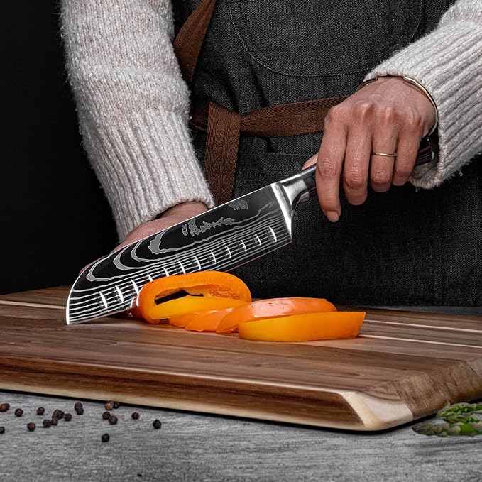 SENKEN 8-piece Premium Japanese Kitchen Knife Set with Laser Damascus Pattern - Imperial Collection - Chef's Knife, Santoku, Bread, Paring & More, Ultra Sharp for Very Fast Cutting