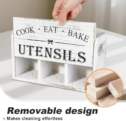 Wooden Kitchen Utensil Holder with 3 Compartments, Utensil Storage Organizer for Kitchen Counter, Farmhouse Decor & Rustic Cooking Tools Storage(White) - Image 7
