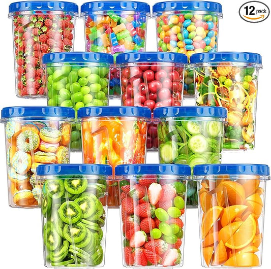 BiuLeon 12 Pack-34oz Freezer Storage Containers, Plastic Food Storage Containers with Twist Top Lids, BPA Free and Reusable Soup Containers with Lids, Leakproof/Microwave/Dishwasher Safe