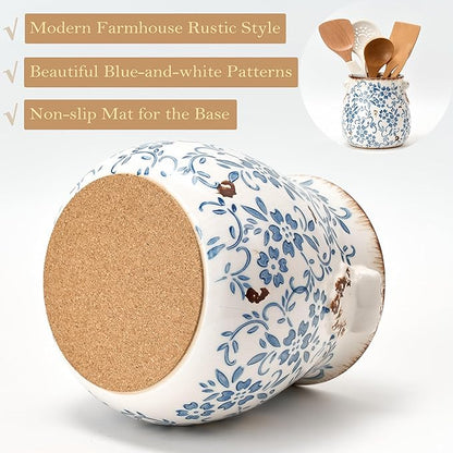 Utensil Holder for Kitchen Counter, Modern Farmhouse Rustic Cooking Utensil Holder and Crock, Exquisite Chinoiserie Floral Ceramic Utensil Organizer for Home Kitchen Decor- Blue and White Porcelain - Image 4