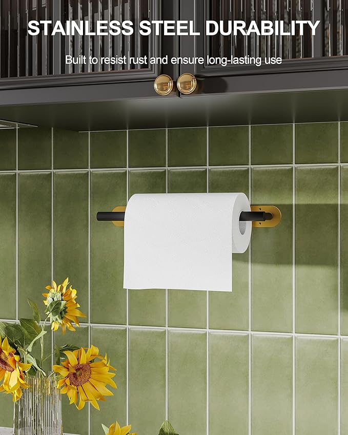 Paper Towel Holder Under Cabinet Black and Gold, Self Adhesive or Wall Mounted SUS304 Stainless Steel Paper Towel Holder for Kitchen, Bathroom, Farmhouse, Barbecue and Laundry (Black&Gold) - Image 3