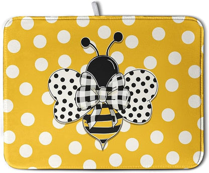 Bee Dish Drying Mat for Kitchen Counter 18x24 Inch Yellow Bumblebee Polka Dots Dishes Pad Cute Honey Bees Dish Draining Microfiber Absorbent Dish Drainer Rack Mat Large Kitchen Accessories by Kwlegh