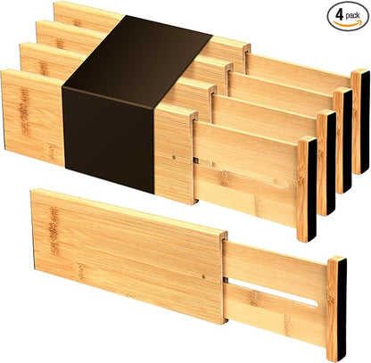 Utoplike Bamboo Dresser Drawer Dividers, 4'' High Adjustable Drawer Organizers for Clothing, Spring Loaded, Works in Kitchen, Bathroom, Bedroom, Drawer, Desk, 4 pcs by Utoplike