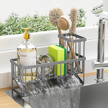 Cisily Sink Caddy Organzier with High Brush Holder, Sponge Holder for Sink, 304 Rustproof Stainless, Kitchen Countertop Soap Dispenser Organizer, Gray Kitchen Decor and Accessories by CISILYHOMELIFE