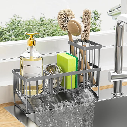 Cisily Sink Caddy Organzier with High Brush Holder, Sponge Holder for Sink, 304 Rustproof Stainless, Kitchen Countertop Soap Dispenser Organizer, Gray Kitchen Decor and Accessories by CISILYHOMELIFE