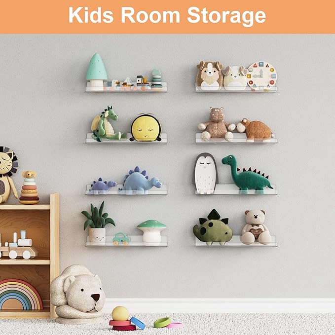 upsimples 12 Pack Acrylic Shelves Wall Organizer and Storage, 15" Display Shelf for Figure, Toy Cars, Perfume, Kids Bookshelf for Bedroom, Nursery, Craft Room, Clear - Image 8