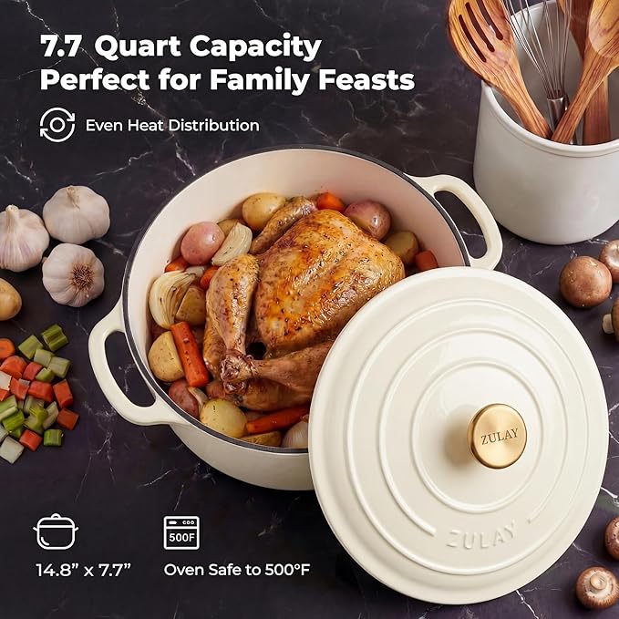 Zulay Kitchen 7.7 Quart Enameled Cast Iron Dutch Oven Pot with Lid – Premium Durability & Oven Safe up to 500°F – Heavy Duty Cookware Perfect for Bread Baking, Stews, Braising & Roasting – Ivory - Image 6
