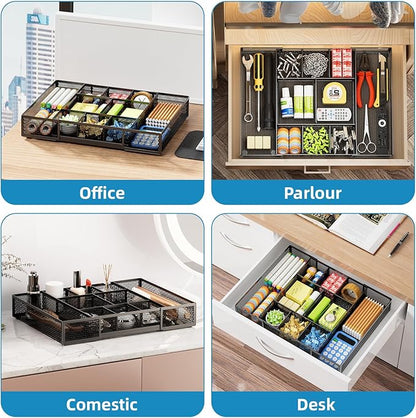 Marbrasse Expandable Desk Drawer Organizer, Mesh Drawer Organizer Tray with 10 Adjustable Compartments, Desk Organizers and Accessories for Office Supplies, Makeup & Vanity (Expandable Black-2 pack) - Image 4