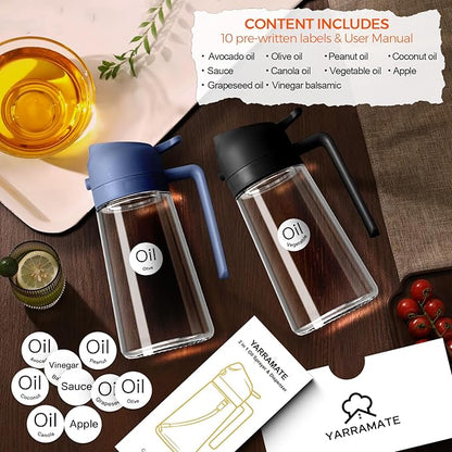 YARRAMATE 2Pcs 16oz/470ml Glass Olive Oil Sprayer for Cooking with Stickers, 2 in 1 Oil Dispenser for Kitchen Gadgets, Food Grade Premium Spray Bottle with Portion Control for Salad, BBQ (Black&Navy) - Image 2