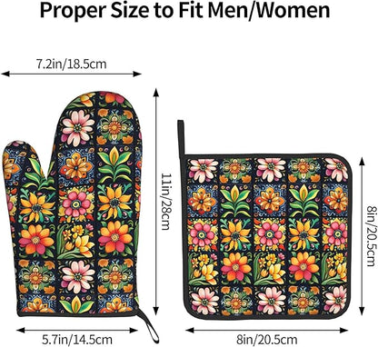 Mexican Oven Mitts and Pot Holders - Colorful Flowers Kitchen Mitt Sets of 2 Boho Oven Gloves Hot Pads for Cooking Baking Grilling - Image 3