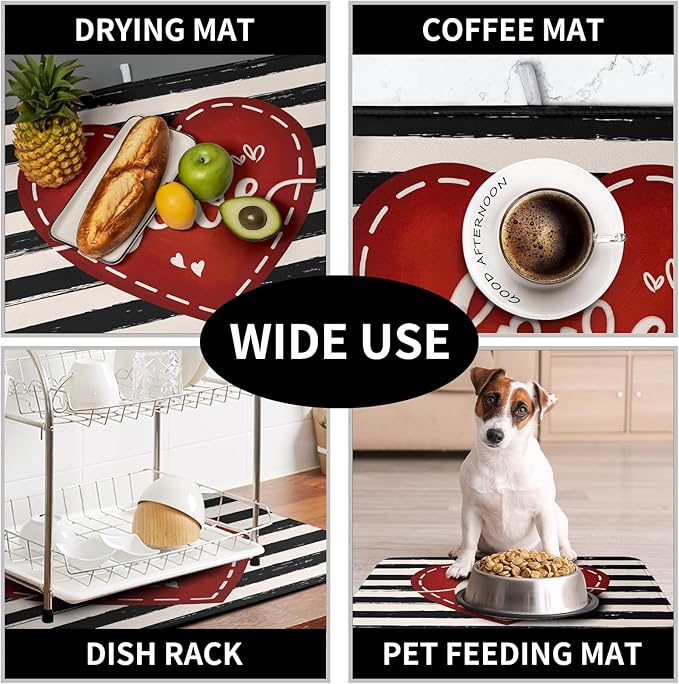 Valentine's Day Dish Drying Mat for Kitchen Counter 16x18 Black White Stripes Red Love Heart Dishes Drainer Mats Absorbent Dish Pad Large Dish Draining Mat for Coffee Bar - Image 7