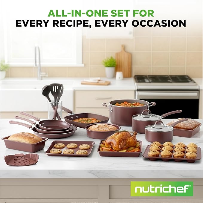 NutriChef 20 Piece Professional Home Kitchen Cookware and Bakeware, Pots and Pans Set Non Stick Kitchenware, Cool-Touch Handles, Safe for Gas, Electric, Induction Cooktops, Easy Clean, Brown - Image 7
