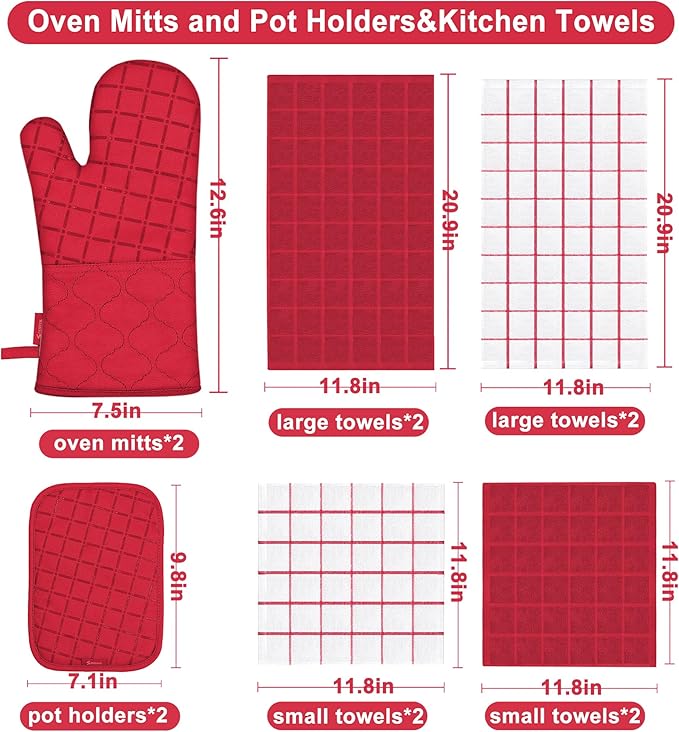 Oven Mitts Kitchen Towels and Dishcloths Pot Holders Sets, Oven Gloves Kitchen Dish Towels 500 Degree Heat Resistant Potholders with Non-Slip Silicone Surface for Cooking, Grilling, Baking-Red - Image 2