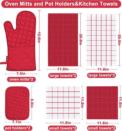 Oven Mitts Kitchen Towels and Dishcloths Pot Holders Sets, Oven Gloves Kitchen Dish Towels 500 Degree Heat Resistant Potholders with Non-Slip Silicone Surface for Cooking, Grilling, Baking-Red - Image 2