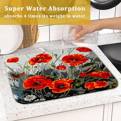 Giwawa Poppy Dish Drying Mat 16x18 inch for Kitchen Vintage Red Orange Floral Dish Drying Pad Oil Painting Flower Dish Drainer Mats Absorbent Microfiber Protector for Countertop Coffee Bar