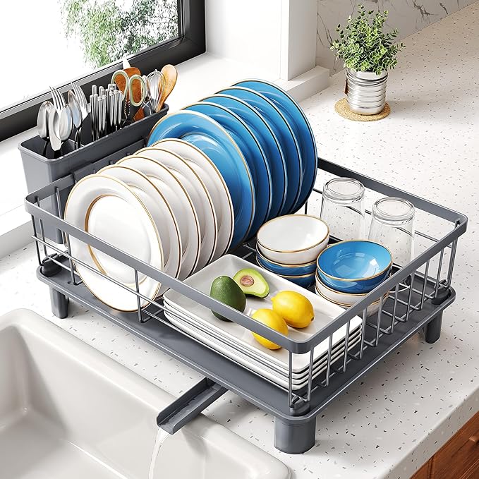 SNTD Dish Drying Rack - Small Dish Rack for Kitchen Counter, Stainless Steel Dish Drainer with Utensil Holder and Drainboard, 11" W x 15" L (Grey) by SNTD