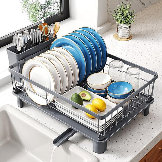 SNTD Dish Drying Rack - Small Dish Rack for Kitchen Counter, Stainless Steel Dish Drainer with Utensil Holder and Drainboard, 11" W x 15" L (Grey) by SNTD