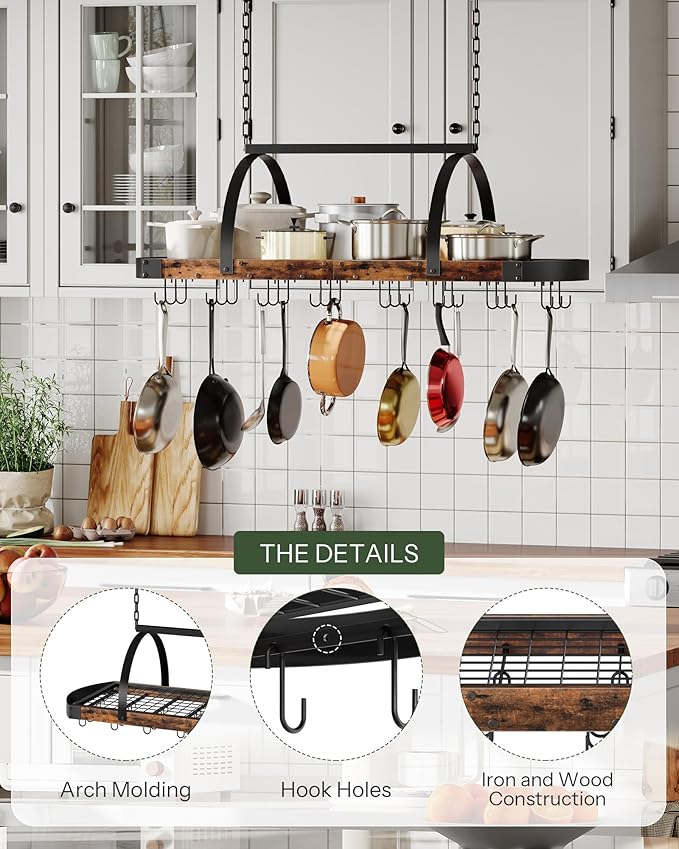 CHOEZON Hanging Pot Rack, Pot Hanger for Kitchen, Ceiling Mounted Pot Holder, Cookware Organizer with 24 S-Shaped Hooks, for Pot, Pan Storage, Space-Saving, Rustic Brown and Black TPR28BF - Image 7