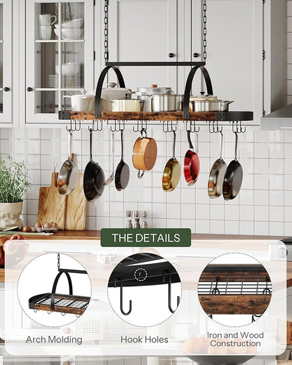 CHOEZON Hanging Pot Rack, Pot Hanger for Kitchen, Ceiling Mounted Pot Holder, Cookware Organizer with 24 S-Shaped Hooks, for Pot, Pan Storage, Space-Saving, Rustic Brown and Black TPR28BF - Image 7
