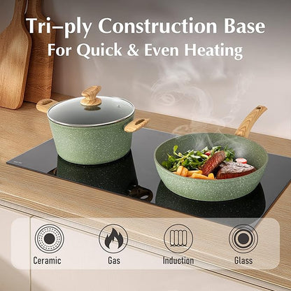 MAISON ARTS Pots and Pans Set Non Stick, 12 Piece Green Granite Kitchen Cookware Induction Compatible, Cooking Sets Pots and Pans Nonstick - Image 5