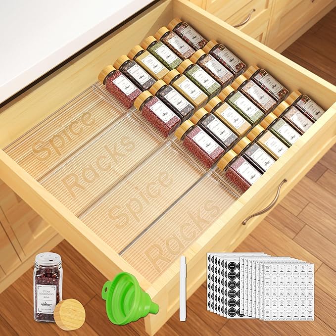 24 Spice Jars with Spice Drawer Organizer, 355 Spice Labels, 2 Pack Expandable From 11'' to 21'' Acrylic Spice Rack for Drawer, Seasoning Containers Storage Organization for Kitchen Cabinet Countertop by Agotglmi