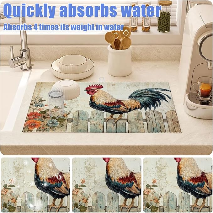 Vintage Rooster Dish Drying Mat for Kitchen Counter Farmhouse Drying Pad Absorbent Reversible Dish Drainer Rack Mats Draining Pad 18"x24"Inch - Image 4