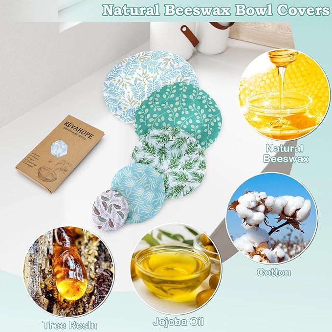 5-Size Reusable Beeswax Bowl Covers for Bread Proofing, Cotton Cloth Flexible Beeswax Wraps for Food Storage(Green Leaves) - Image 3