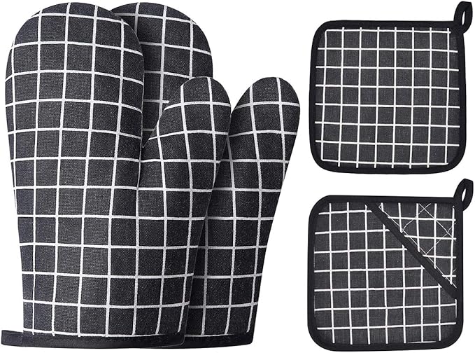 Oven Mitts and Potholders BBQ Gloves-Oven Mitts and Pot Holders with Recycled Infill Silicone Non-Slip Cooking Gloves for Cooking Baking Grilling (4-Piece Set,Black) by Win+Change