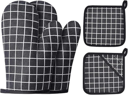Oven Mitts and Potholders BBQ Gloves-Oven Mitts and Pot Holders with Recycled Infill Silicone Non-Slip Cooking Gloves for Cooking Baking Grilling (4-Piece Set,Black) by Win+Change