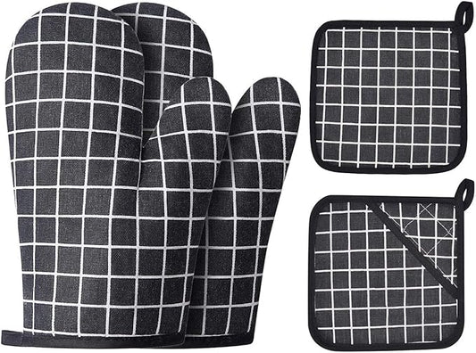 Oven Mitts and Potholders BBQ Gloves-Oven Mitts and Pot Holders with Recycled Infill Silicone Non-Slip Cooking Gloves for Cooking Baking Grilling (4-Piece Set,Black) by Win+Change