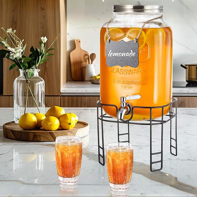 2 Gallon Drink Dispensers for Parties, 1 Pack Glass Beverage Dispenser with Stand & 18/8 Stainless Steel Spigot, Lemonade Jug for Wedding, Picnic, BBQ - Image 3