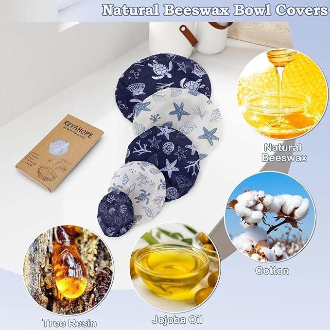 5-Size Reusable Beeswax Bowl Covers for Bread Proofing, Cotton Cloth Flexible Beeswax Wraps for Food Storage(Ocean Series) - Image 3