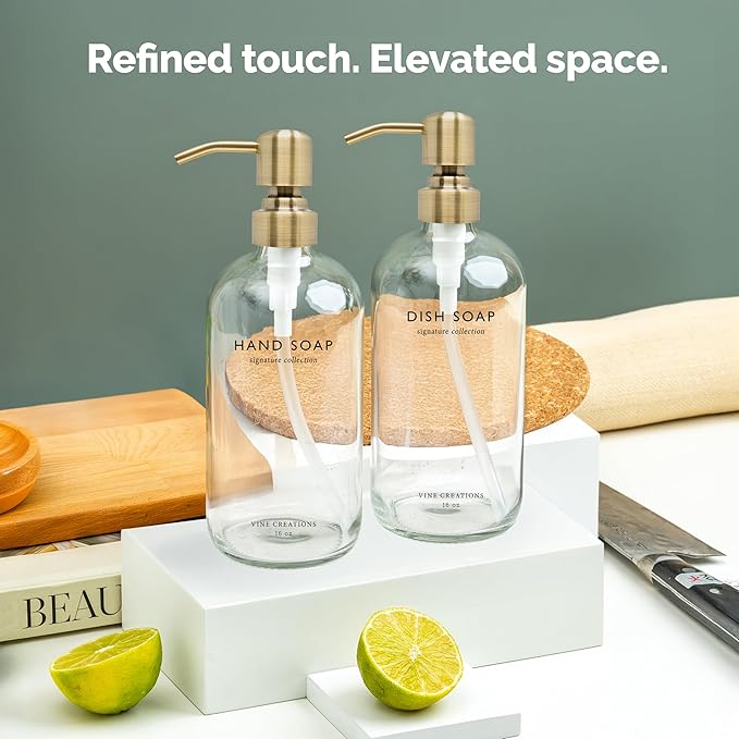 Vine Creations Clear Glass Soap Dispenser Set, Dish Soap and Hand Soap Dispenser Set with Stainless Steel Pump, 16 oz Glass Dispensers for Kitchen Bathroom Decor (Clear Bottle/Brushed Brass Pump) - Image 6