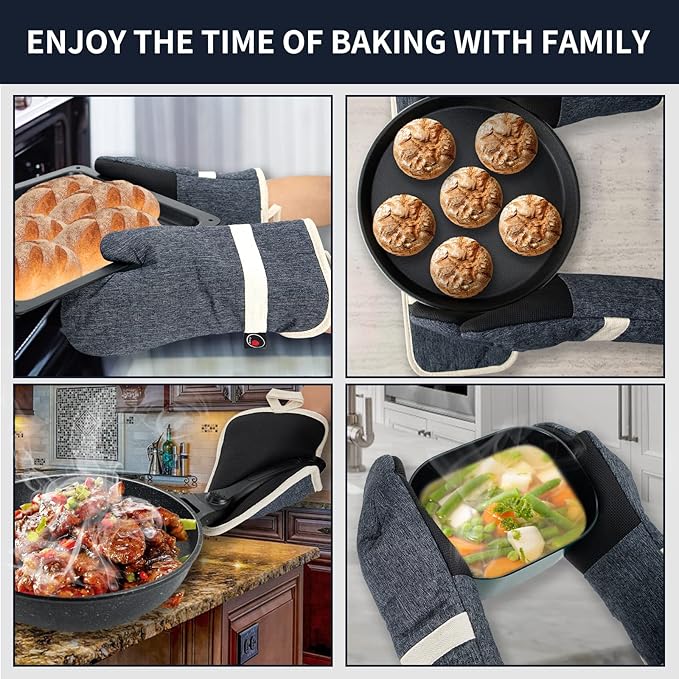 Oven Mitts and PotHolders Sets, 4 Pcs Kitchen Oven Glove High Heat Resistant 400°F Pot Holders for Kitchen, Non-Slip Neoprene Oven Mitts are Suitable for Cooking, Baking (Black) - Image 2