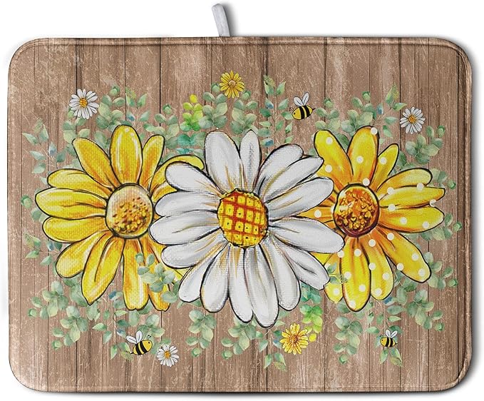 Rustic Daisy Floral Dish Drying Mat for Kitchen Counter Spring Summer Sunflower Dish Drying Mat Bee Absorbent Microfiber Dish Mat Reversible Dish Drainer Rack Mat Large 18x24 Inch by Kwlegh