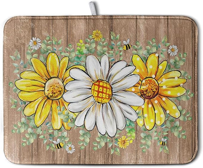 Rustic Daisy Floral Dish Drying Mat for Kitchen Counter Spring Summer Sunflower Dish Drying Mat Bee Absorbent Microfiber Dish Mat Reversible Dish Drainer Rack Mat Large 18x24 Inch by Kwlegh