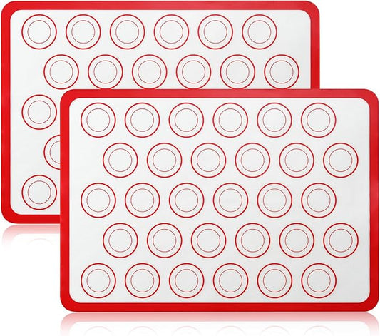 Luckyiren 2-Pack Baking Mat with Circles – Silicone Macaron & Cookie Sheet Liners, Non-Stick BPA-Free Reusable Silicone Mats for Half Sheet Pans for Precision Baking & Candy, White with Red Edge