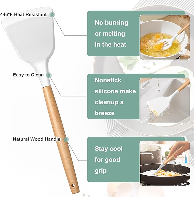 E-far Silicone Cooking Utensils Set, 446℉ Heat Resistant 10PCS Kitchen Utensils Set with Wooden Handle for Nonstick Cookware, Kitchen Tools Spatula Whisk Tongs Ladle, Non-toxic & Healthy, White - Image 3