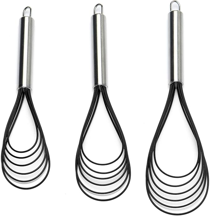 Flat Whisk Set,Stainless Steel 3 Pack 10''+11''+12'' Premium Sturdy-6 Silicone Heads Non Stick Wires Whisk for Blending Beating Stirring Kitchen Cooking by Jell-Cell (Black) by Jell-Cell