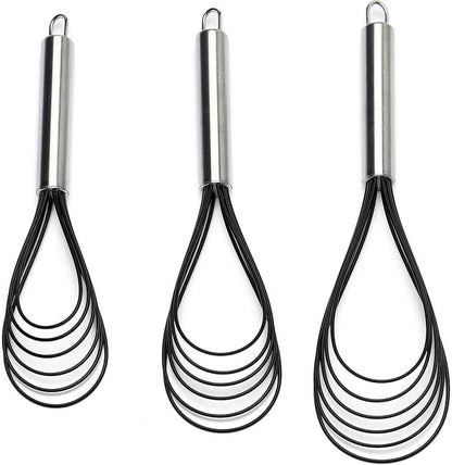 Flat Whisk Set,Stainless Steel 3 Pack 10''+11''+12'' Premium Sturdy-6 Silicone Heads Non Stick Wires Whisk for Blending Beating Stirring Kitchen Cooking by Jell-Cell (Black) by Jell-Cell