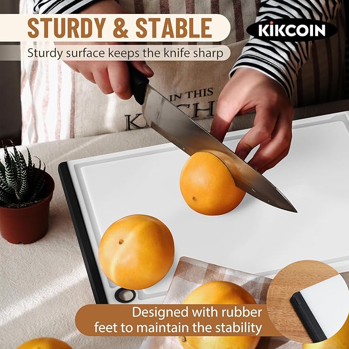 Kikcoin Plastic Cutting Boards for Kitchen, 3-Piece Large Cutting Board Set Dishwasher Safe Chopping Boards with Non-slip Feet and Juice Grooves, White - Image 5