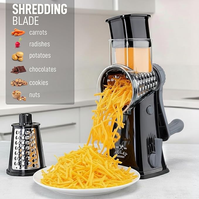 Zulay Kitchen Rotary Cheese Grater 5 Blade Cheese Shredder - Manual Hand Crank Cheese Grater With Reinforced Suction & 5 Interchangeable Drums - Easy to Use, Vegetable Chopper Round Mandoline Slicer - Image 3