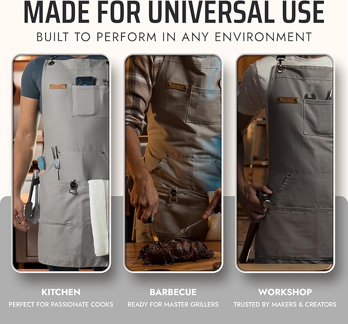 Asaya Chef and BBQ Apron with Bottle Opener and Hand Towel - 10oz Cotton Canvas, Stainless Steel Hardware - Cross Back Straps - Image 7