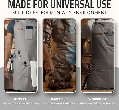 Asaya Chef and BBQ Apron with Bottle Opener and Hand Towel - 10oz Cotton Canvas, Stainless Steel Hardware - Cross Back Straps - Image 7